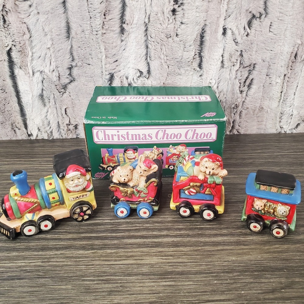 Christmas Choo Choo Animal‎ Train Bisque Porcelain 4 Piece W/ Box Vintage READ